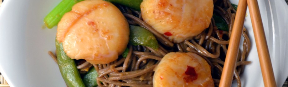 Soy Citrus Scallops with Udon Noodles and Snow Peas